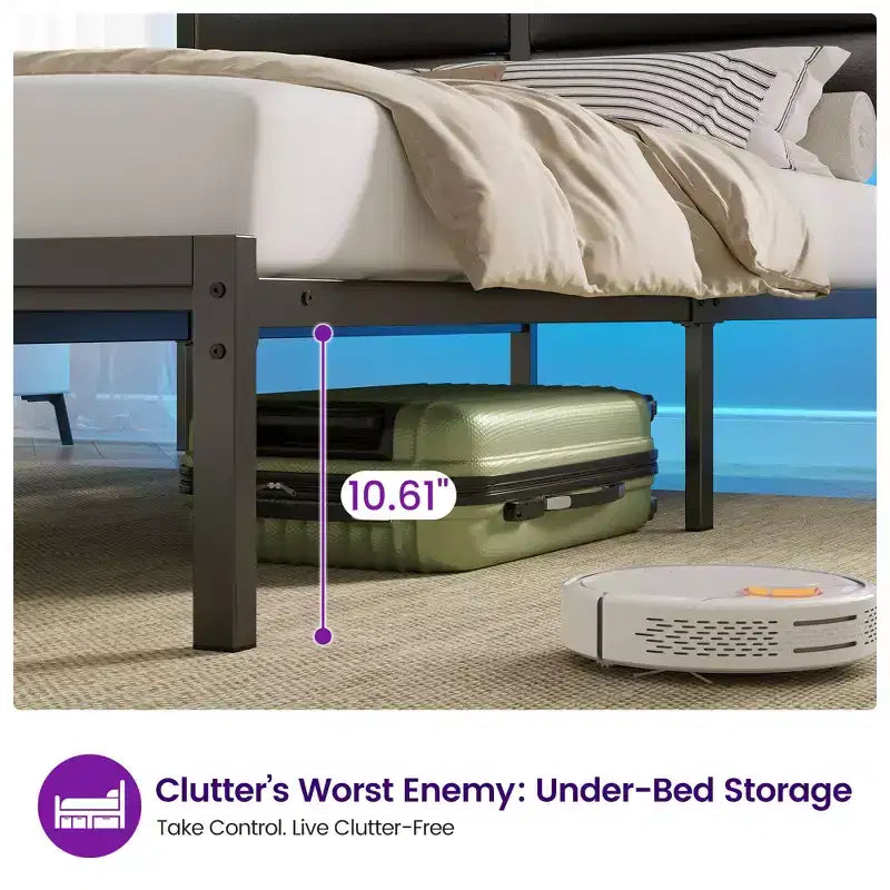 Greenstell Platform Bed with Upholstere Headboard and Charging Station, Corduroy Upholstered Bed Frame with LED Lights