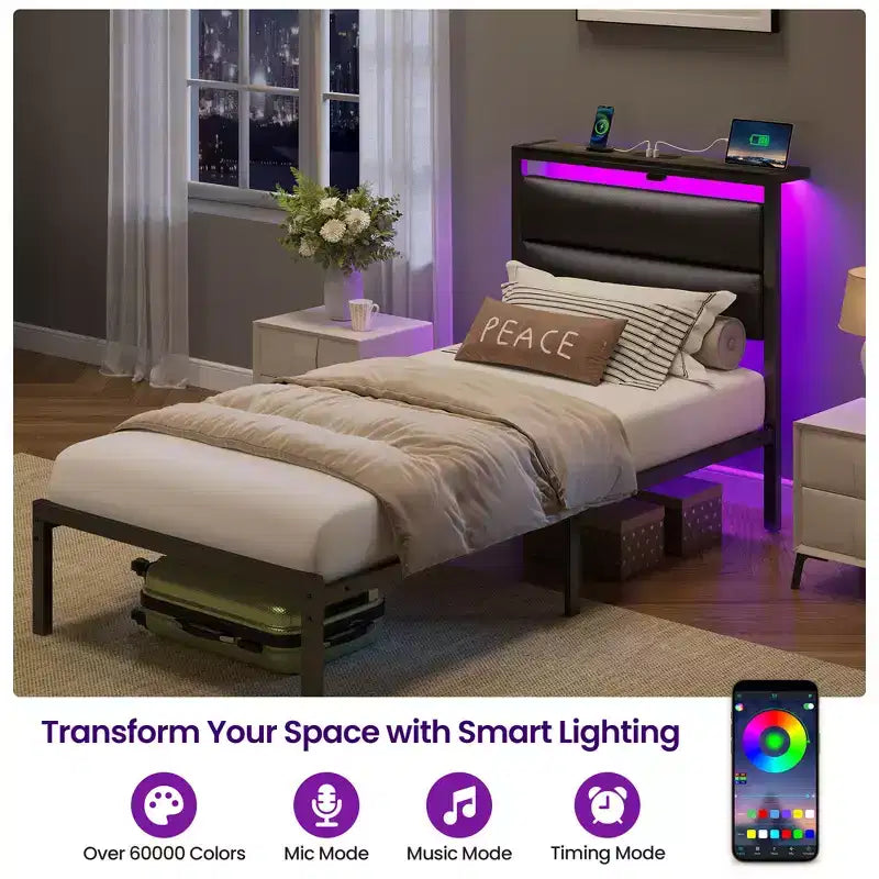 Greenstell Platform Bed with Upholstere Headboard and Charging Station, Corduroy Upholstered Bed Frame with LED Lights