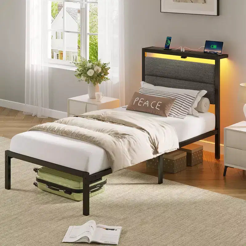 Greenstell Platform Bed with Upholstere Headboard and Charging Station, Corduroy Upholstered Bed Frame with LED Lights