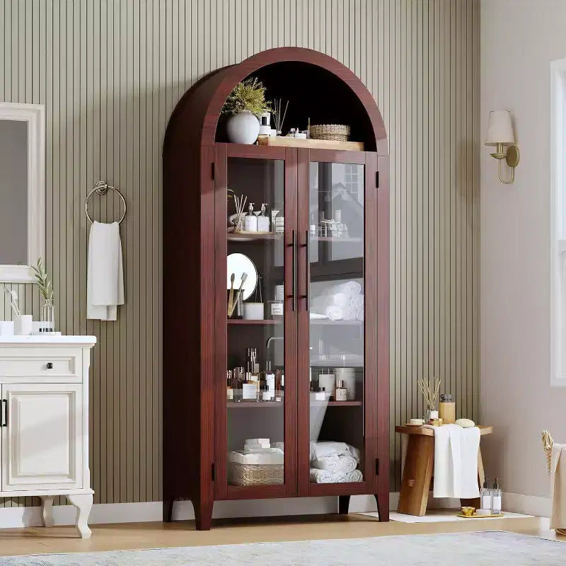 Acekool Arched Glass Door Cabinet , Bookcase Storage Cabinet with Glass Doors and Adjustable Shelf for Entryway