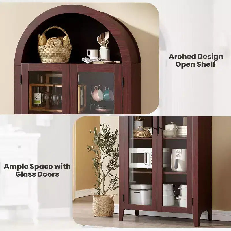 Acekool Arched Glass Door Cabinet , Bookcase Storage Cabinet with Glass Doors and Adjustable Shelf for Entryway
