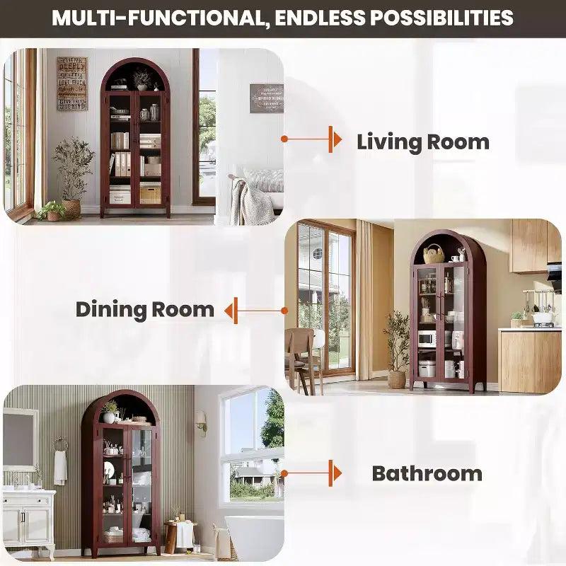 Acekool Arched Glass Door Cabinet , Bookcase Storage Cabinet with Glass Doors and Adjustable Shelf for Entryway