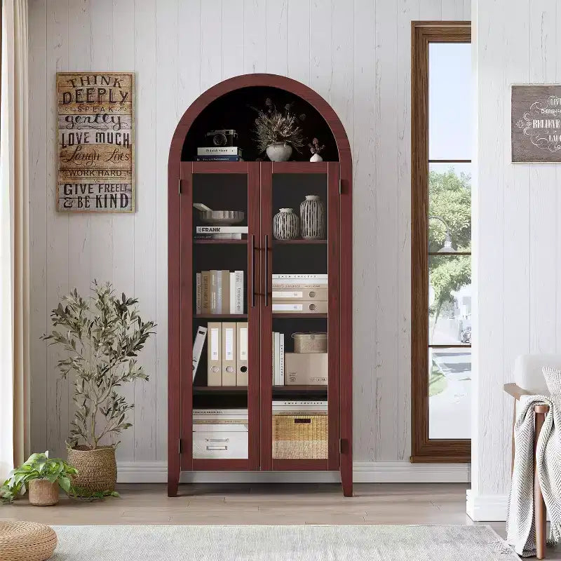 Acekool Arched Glass Door Cabinet , Bookcase Storage Cabinet with Glass Doors and Adjustable Shelf for Entryway