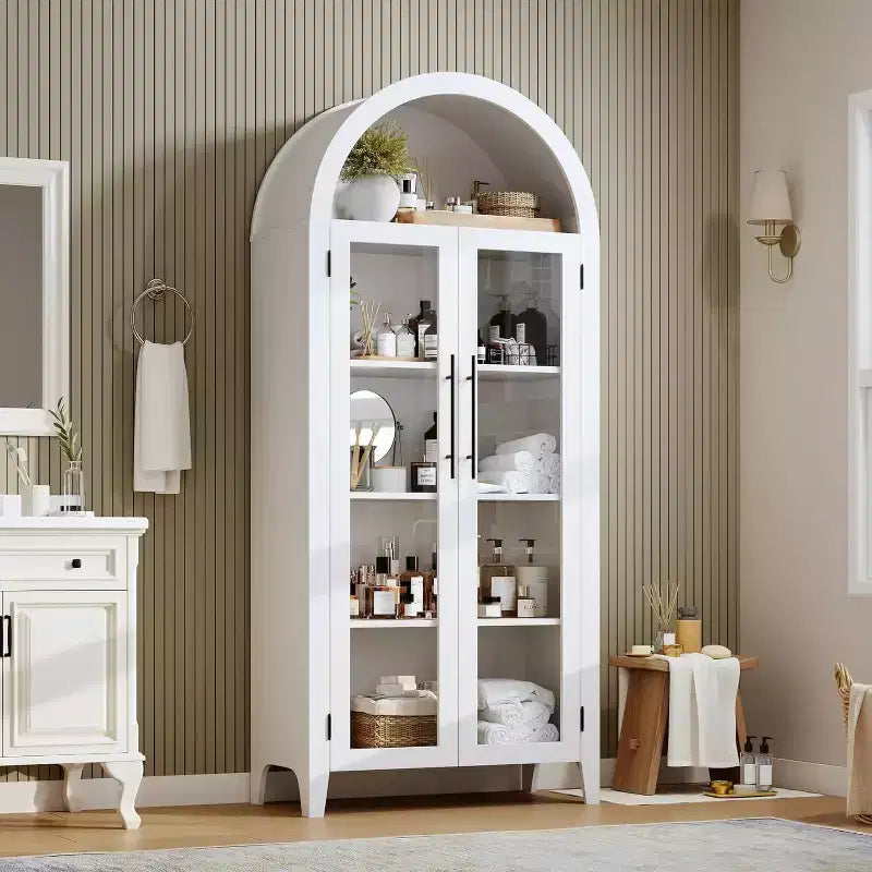 Acekool Arched Glass Door Cabinet , Bookcase Storage Cabinet with Glass Doors and Adjustable Shelf for Entryway