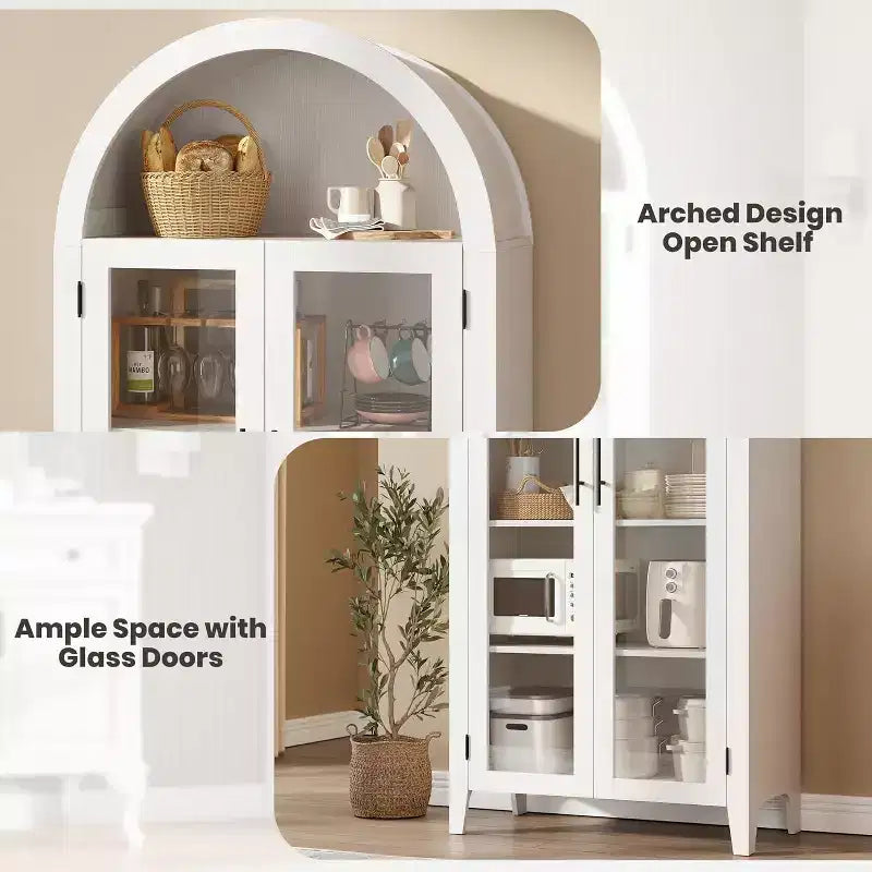 Acekool Arched Glass Door Cabinet , Bookcase Storage Cabinet with Glass Doors and Adjustable Shelf for Entryway