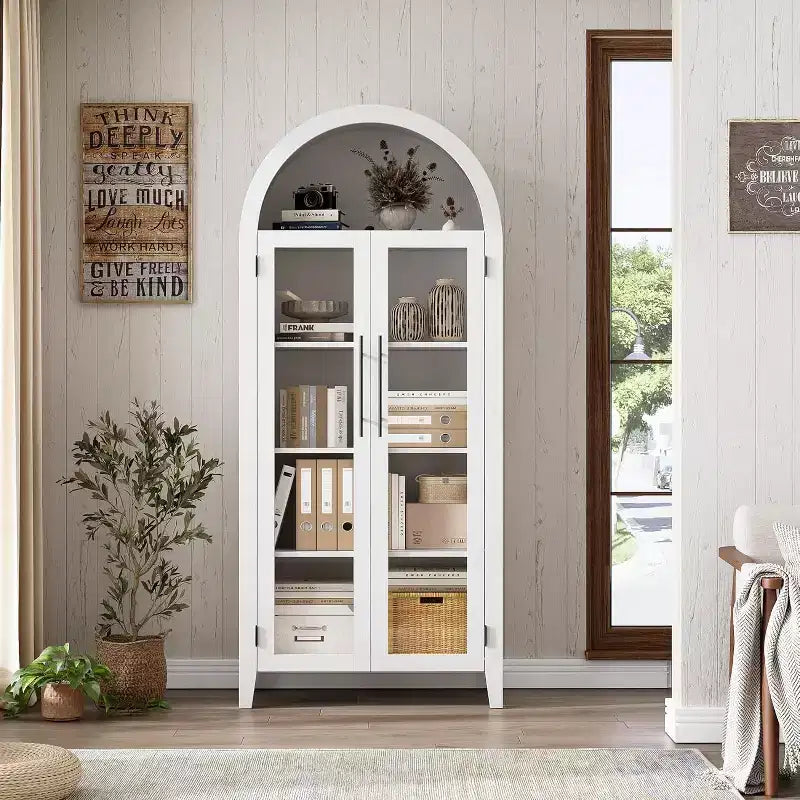 Acekool Arched Glass Door Cabinet , Bookcase Storage Cabinet with Glass Doors and Adjustable Shelf for Entryway