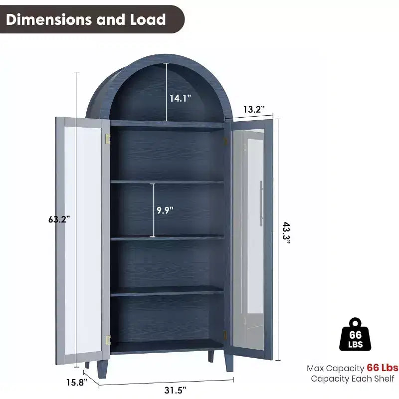 Acekool Arched Glass Door Cabinet , Bookcase Storage Cabinet with Glass Doors and Adjustable Shelf for Entryway