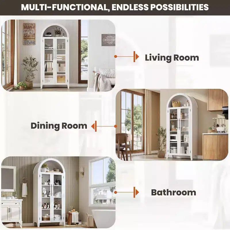 Acekool Arched Glass Door Cabinet , Bookcase Storage Cabinet with Glass Doors and Adjustable Shelf for Entryway