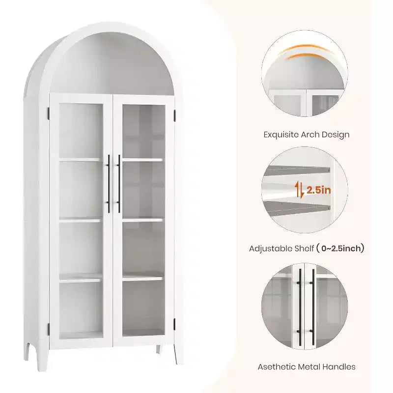 Acekool Arched Glass Door Cabinet , Bookcase Storage Cabinet with Glass Doors and Adjustable Shelf for Entryway