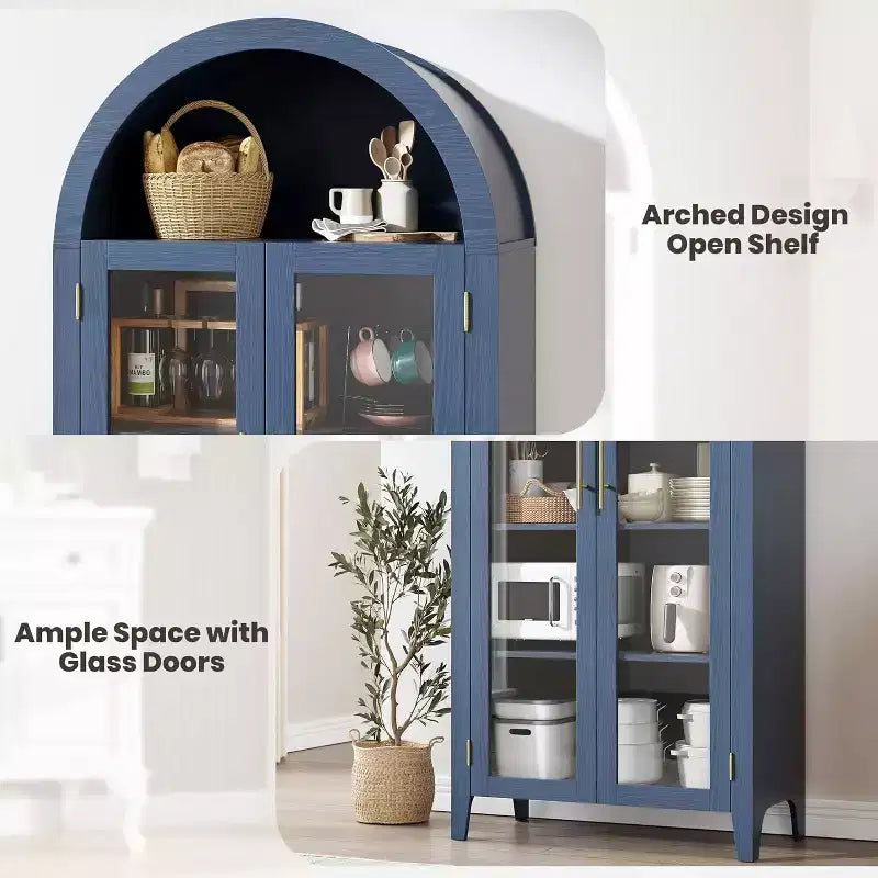 Acekool Arched Glass Door Cabinet , Bookcase Storage Cabinet with Glass Doors and Adjustable Shelf for Entryway