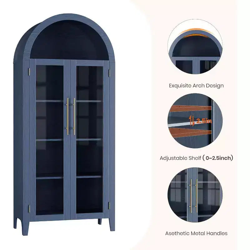 Acekool Arched Glass Door Cabinet , Bookcase Storage Cabinet with Glass Doors and Adjustable Shelf for Entryway