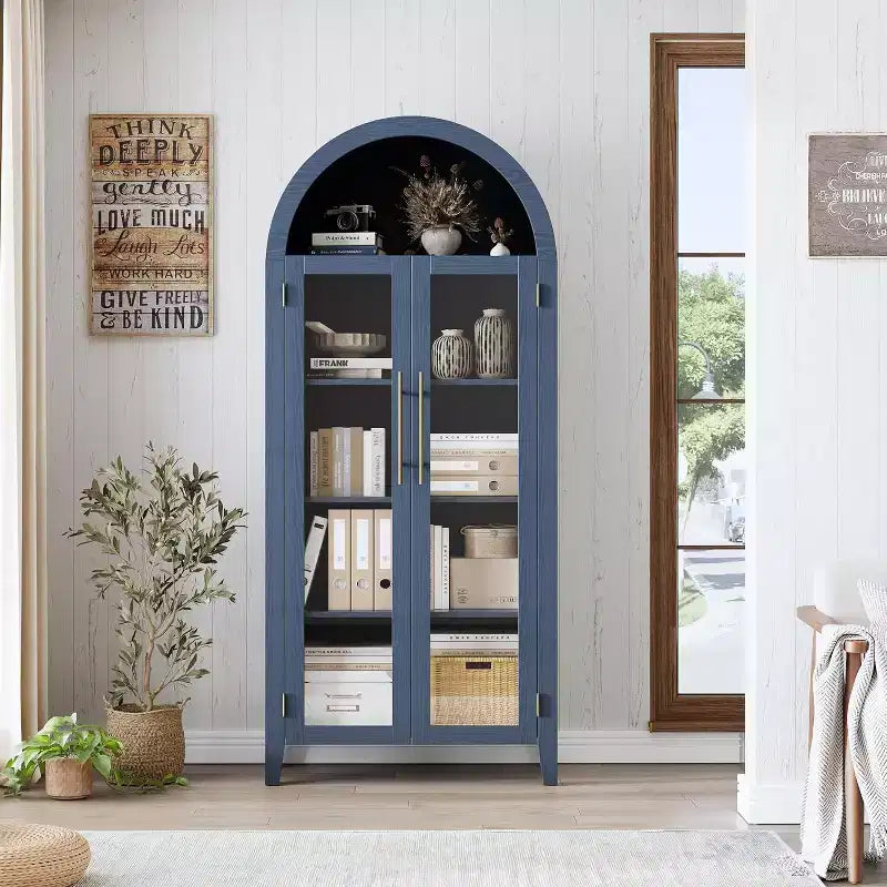 Acekool Arched Glass Door Cabinet , Bookcase Storage Cabinet with Glass Doors and Adjustable Shelf for Entryway