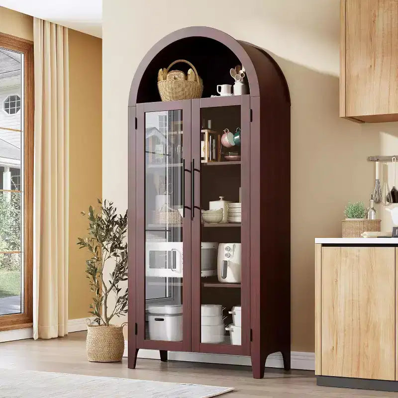 Acekool Arched Glass Door Cabinet , Bookcase Storage Cabinet with Glass Doors and Adjustable Shelf for Entryway