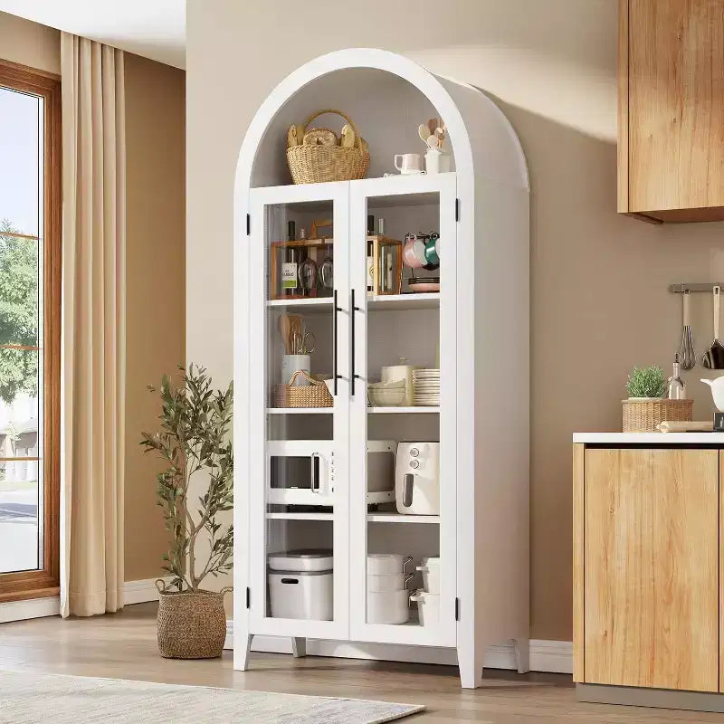 Acekool Arched Glass Door Cabinet , Bookcase Storage Cabinet with Glass Doors and Adjustable Shelf for Entryway