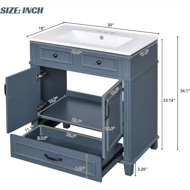 30 Inch White Bathroom Vanity with Sink 30 Sink Cabinet with Storage Cabinet & Bottom Drawer, Solid Wood Frame, Drop-in Countertop