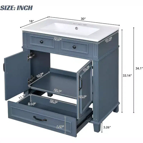30 Inch White Bathroom Vanity with Sink 30 Sink Cabinet with Storage Cabinet & Bottom Drawer, Solid Wood Frame, Drop-in Countertop