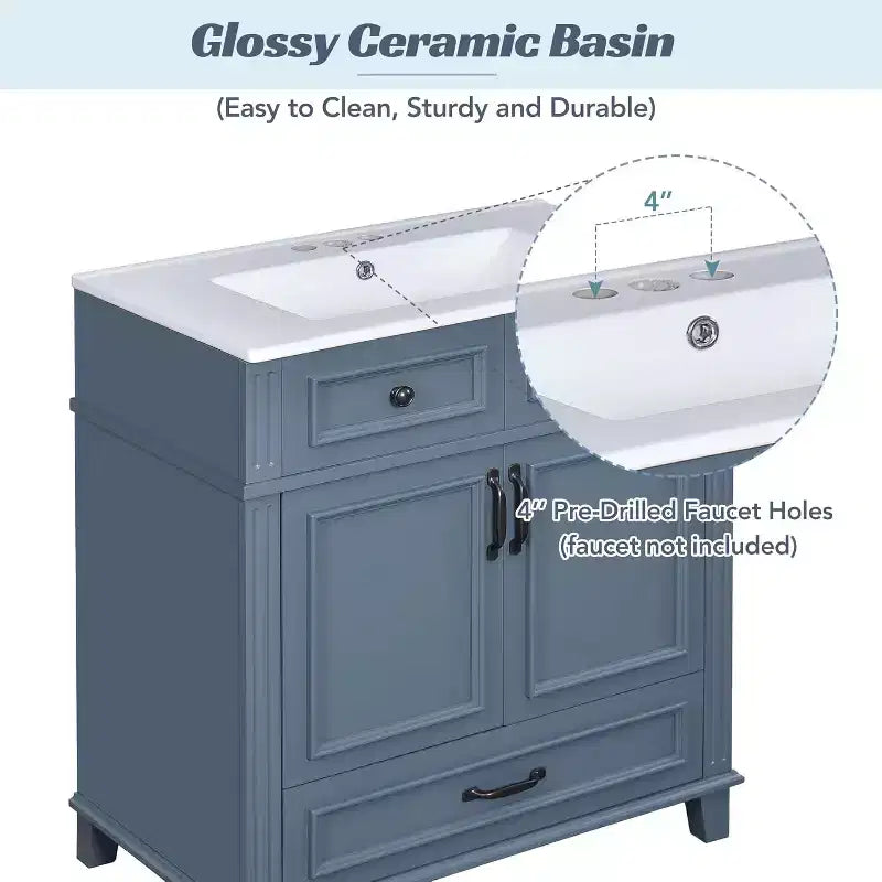 30 Inch White Bathroom Vanity with Sink 30 Sink Cabinet with Storage Cabinet & Bottom Drawer, Solid Wood Frame, Drop-in Countertop