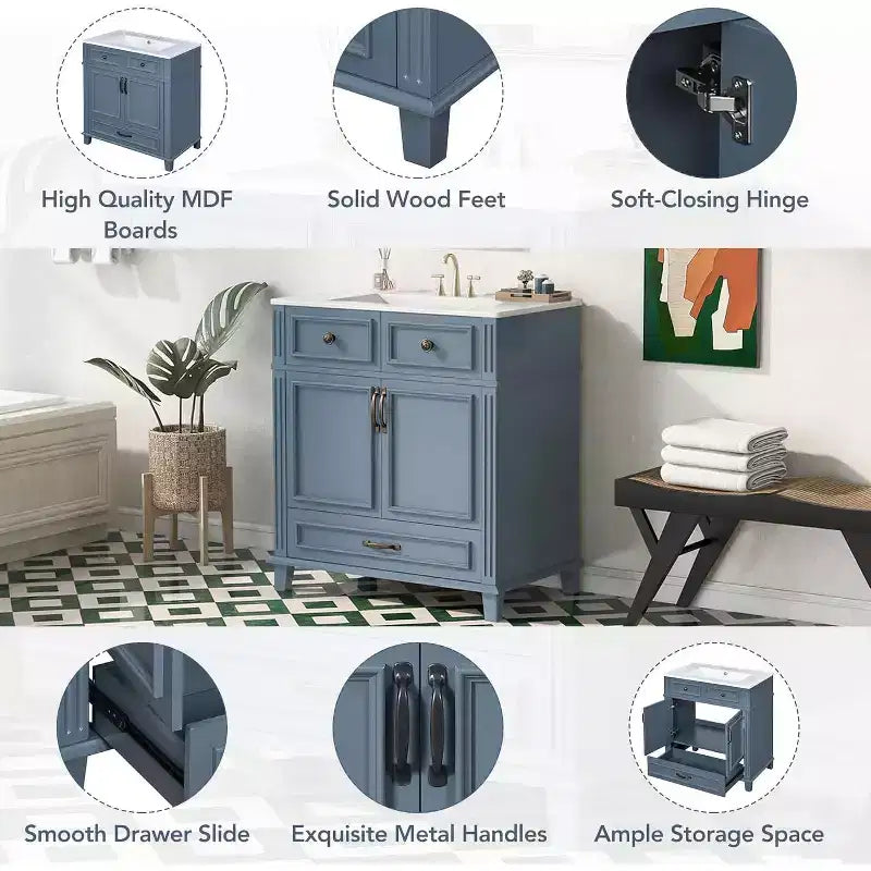 30 Inch White Bathroom Vanity with Sink 30 Sink Cabinet with Storage Cabinet & Bottom Drawer, Solid Wood Frame, Drop-in Countertop