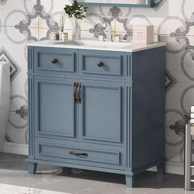 30 Inch White Bathroom Vanity with Sink 30 Sink Cabinet with Storage Cabinet & Bottom Drawer, Solid Wood Frame, Drop-in Countertop