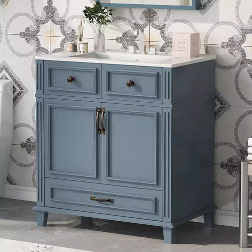 30 Inch White Bathroom Vanity with Sink 30 Sink Cabinet with Storage Cabinet & Bottom Drawer, Solid Wood Frame, Drop-in Countertop