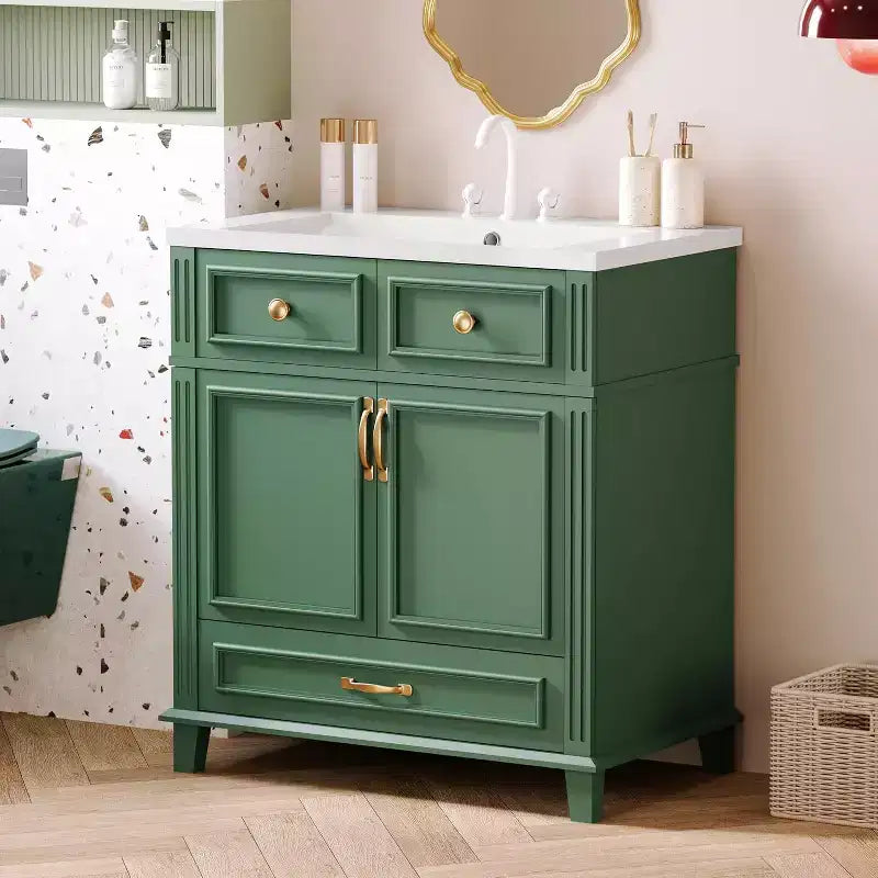 30 Inch White Bathroom Vanity with Sink 30 Sink Cabinet with Storage Cabinet & Bottom Drawer, Solid Wood Frame, Drop-in Countertop