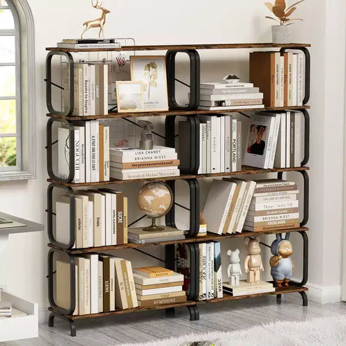 5-Tier Bookshelf, Tall Bookcase with Open Wood & Metal Design Vintage Storage Organizer for Books, CDs, Movies, Multi-Purpose Shelf for Living Room