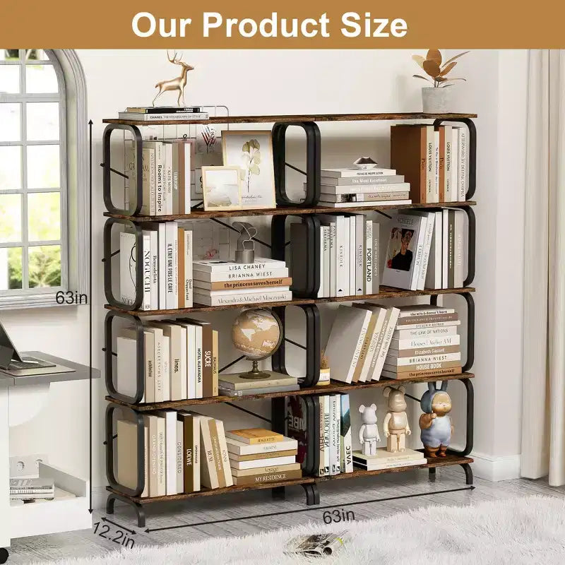 5-Tier Bookshelf, Tall Bookcase with Open Wood & Metal Design Vintage Storage Organizer for Books, CDs, Movies, Multi-Purpose Shelf for Living Room