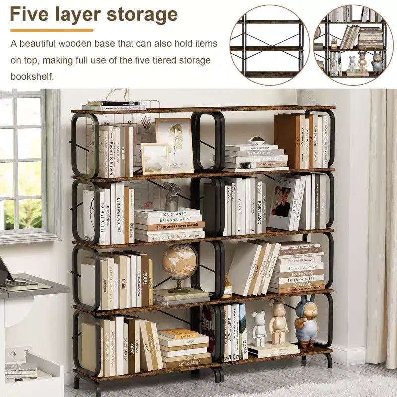 5-Tier Bookshelf, Tall Bookcase with Open Wood & Metal Design Vintage Storage Organizer for Books, CDs, Movies, Multi-Purpose Shelf for Living Room