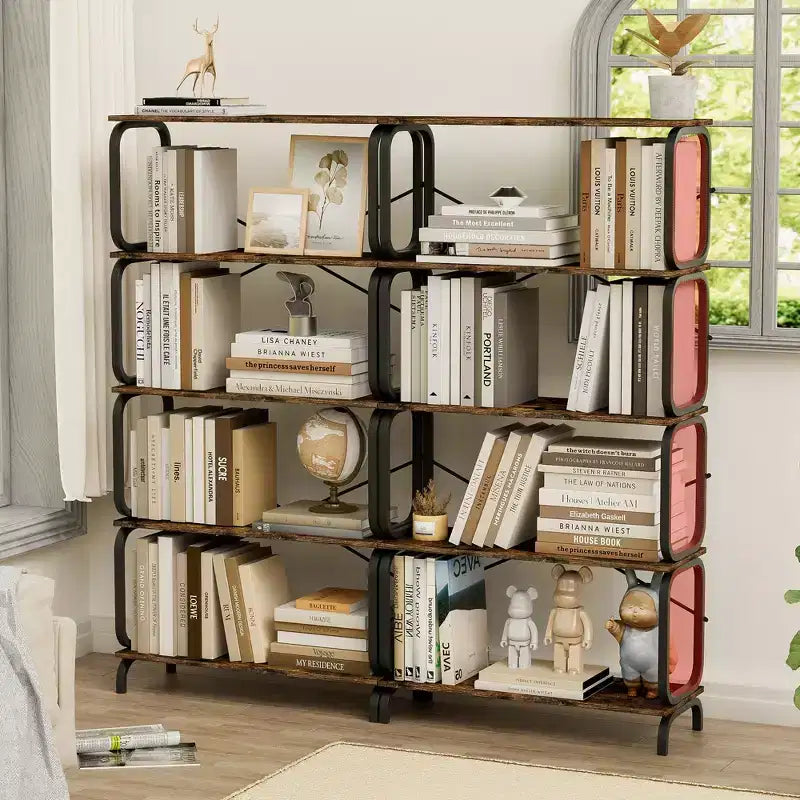 5-Tier Bookshelf, Tall Bookcase with Open Wood & Metal Design Vintage Storage Organizer for Books, CDs, Movies, Multi-Purpose Shelf for Living Room
