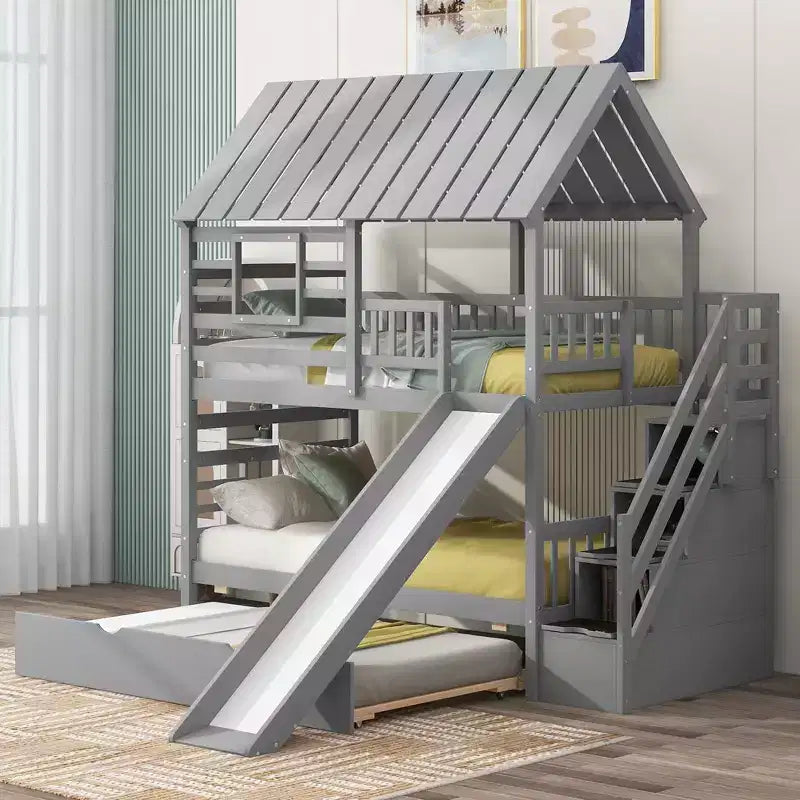 GDFStudio Wagner Wood House Bunk Bed with Trundle and Slide, Storage Staircase, Roof and Window Design