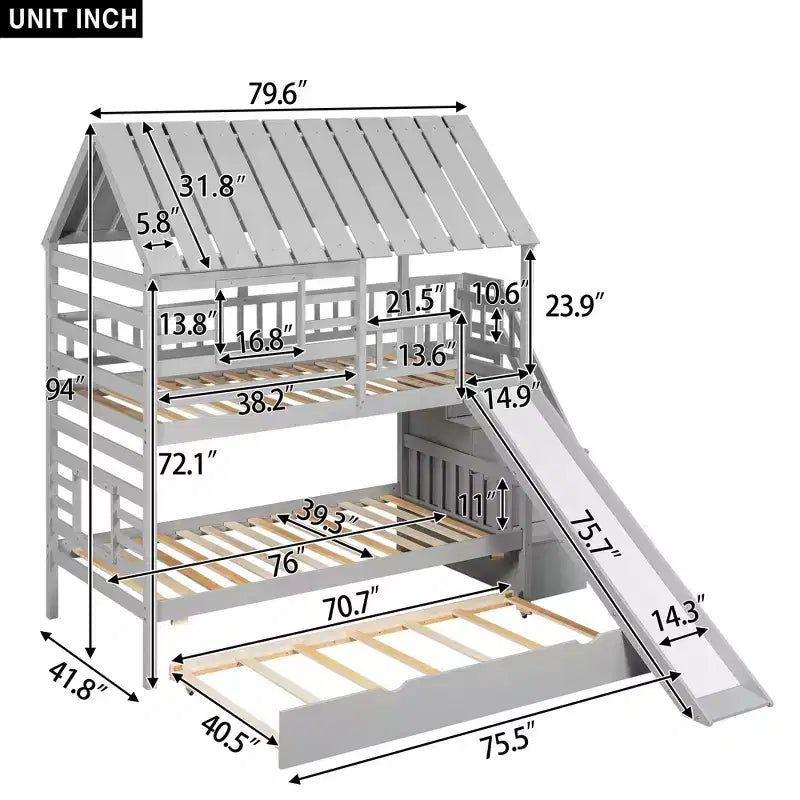 GDFStudio Wagner Wood House Bunk Bed with Trundle and Slide, Storage Staircase, Roof and Window Design