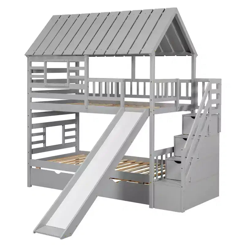 GDFStudio Wagner Wood House Bunk Bed with Trundle and Slide, Storage Staircase, Roof and Window Design