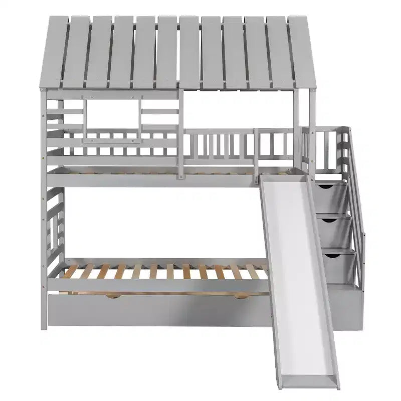 GDFStudio Wagner Wood House Bunk Bed with Trundle and Slide, Storage Staircase, Roof and Window Design