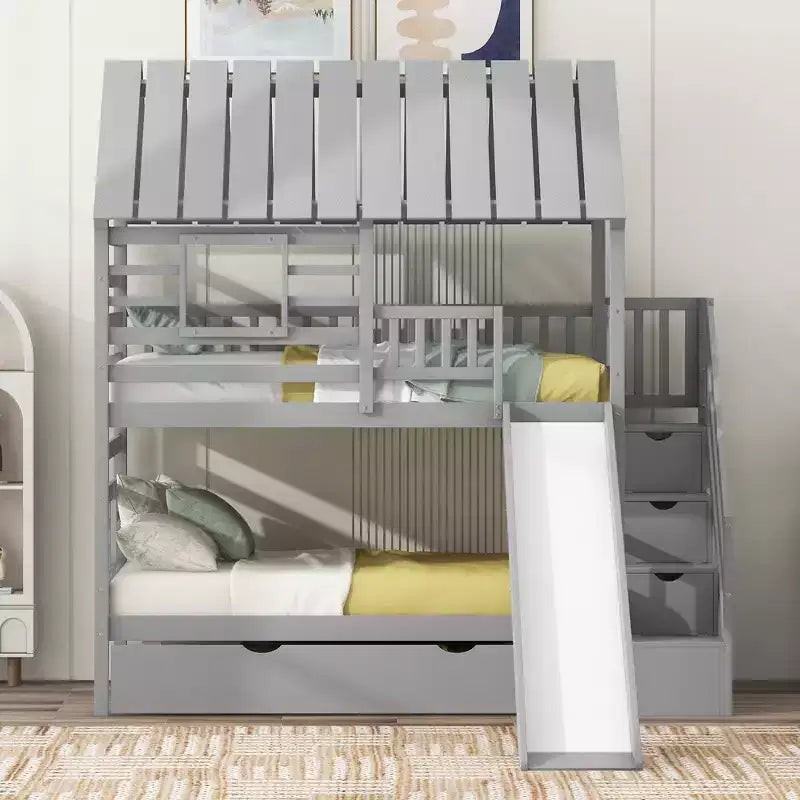 GDFStudio Wagner Wood House Bunk Bed with Trundle and Slide, Storage Staircase, Roof and Window Design