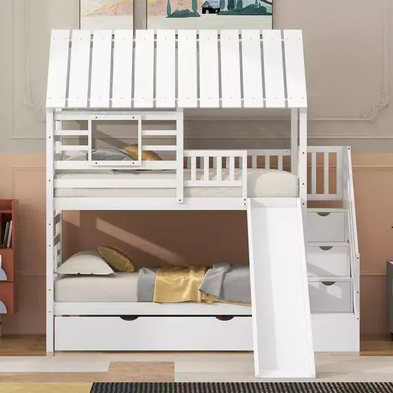 GDFStudio Wagner Wood House Bunk Bed with Trundle and Slide, Storage Staircase, Roof and Window Design