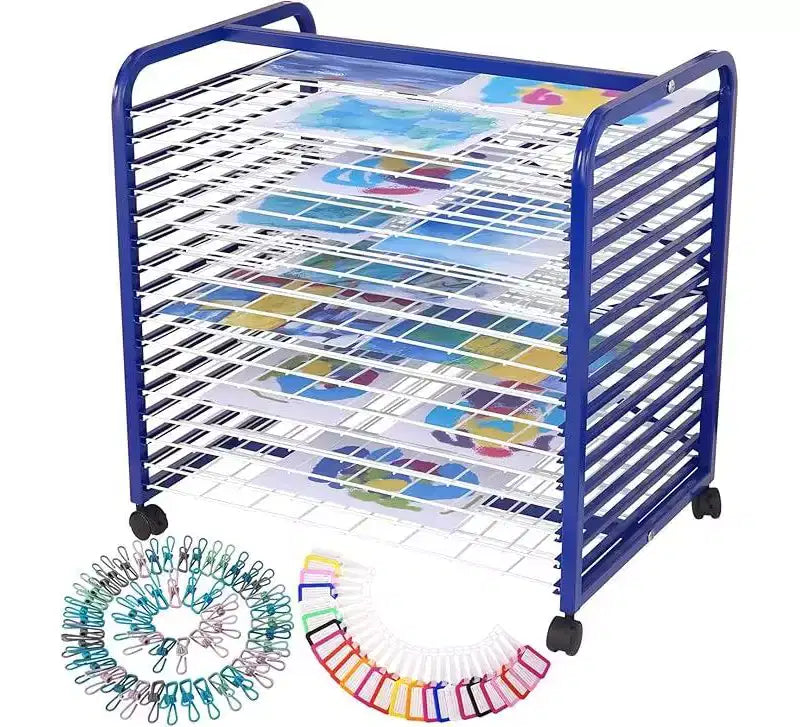 An Art Drying Rack with 4 Lockable Wheels and Detachable Shelves, Suitable for Studios, Art Rooms, Handicraft Rooms and Tabletops, Black