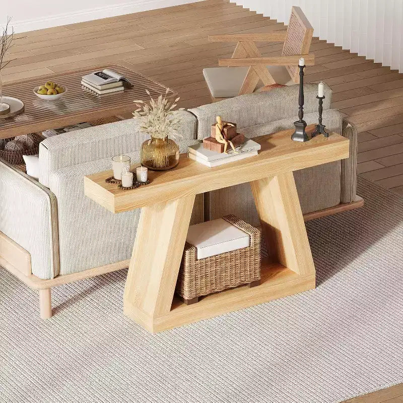 Acekool 2-Tier Industrial Entryway Console Table with Open Storage Shelves, Farmhouse Sofa Table for Living Room
