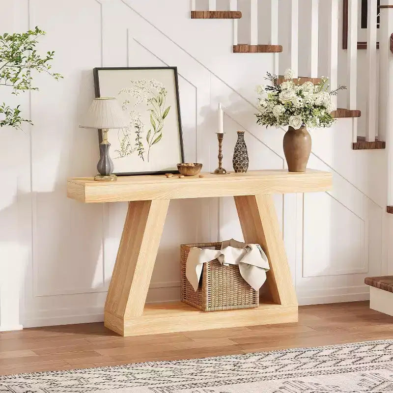 Acekool 2-Tier Industrial Entryway Console Table with Open Storage Shelves, Farmhouse Sofa Table for Living Room