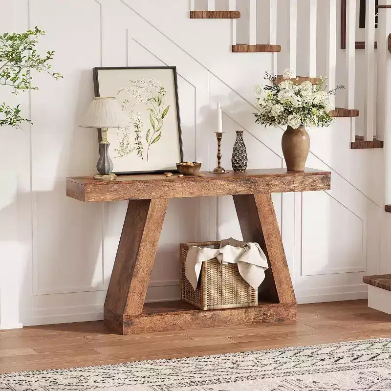 Acekool 2-Tier Industrial Entryway Console Table with Open Storage Shelves, Farmhouse Sofa Table for Living Room
