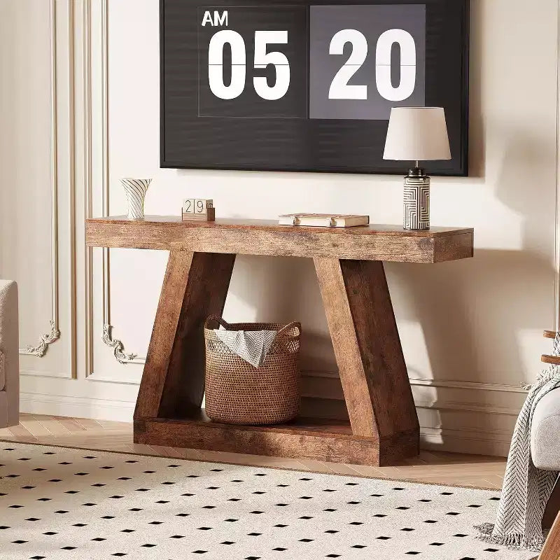 Acekool 2-Tier Industrial Entryway Console Table with Open Storage Shelves, Farmhouse Sofa Table for Living Room