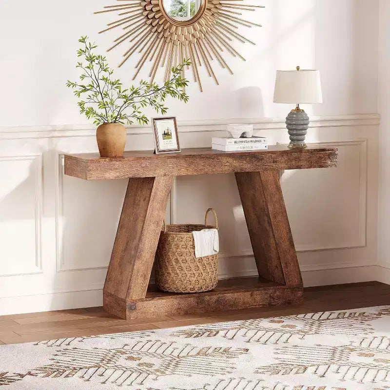 Acekool 2-Tier Industrial Entryway Console Table with Open Storage Shelves, Farmhouse Sofa Table for Living Room
