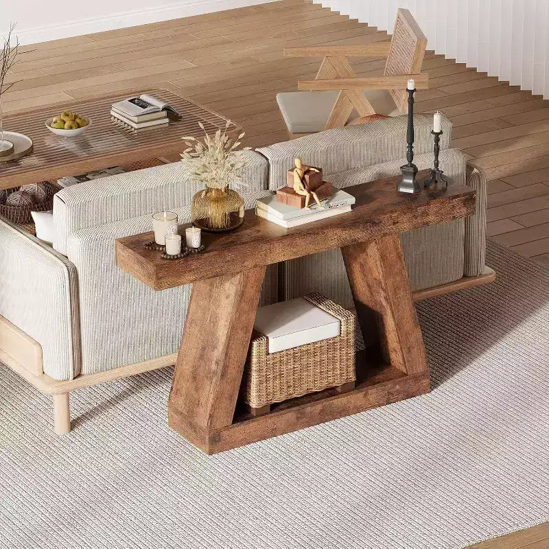 Acekool 2-Tier Industrial Entryway Console Table with Open Storage Shelves, Farmhouse Sofa Table for Living Room