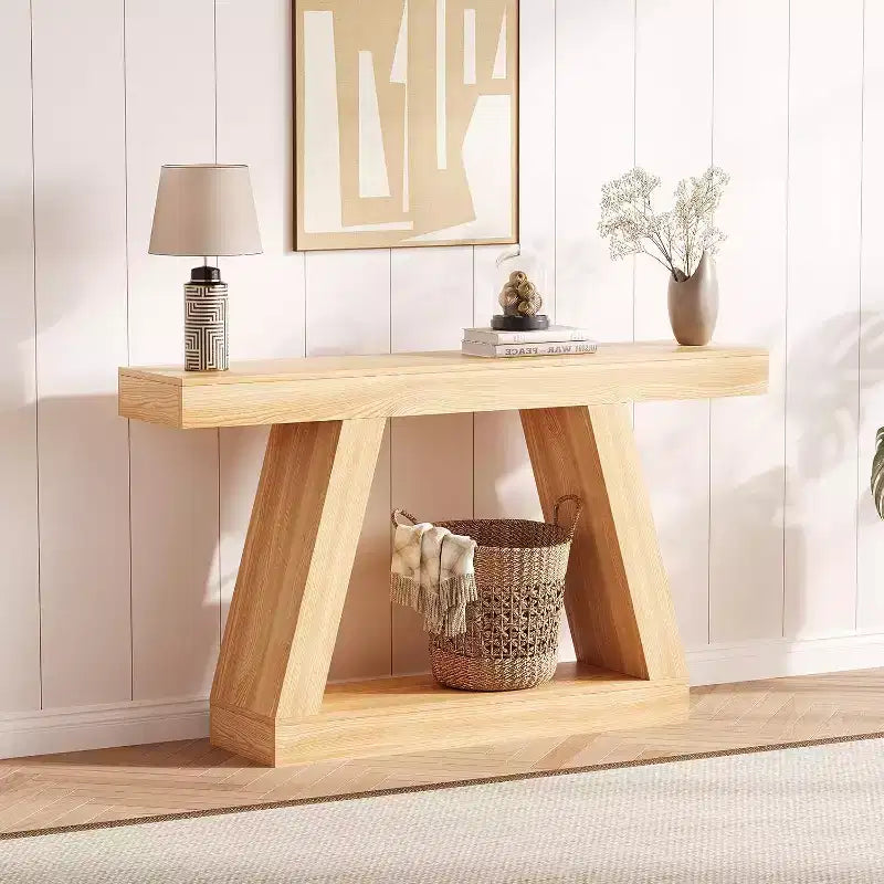 Acekool 2-Tier Industrial Entryway Console Table with Open Storage Shelves, Farmhouse Sofa Table for Living Room