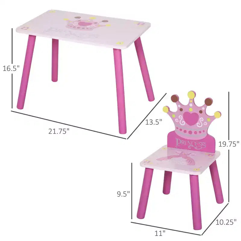 JVNOXK3-Piece Kids Wooden Table and Chair Set with Crown Pattern Gift for Girls Toddlers Arts Reading Writing Age 2-4 Years Pink