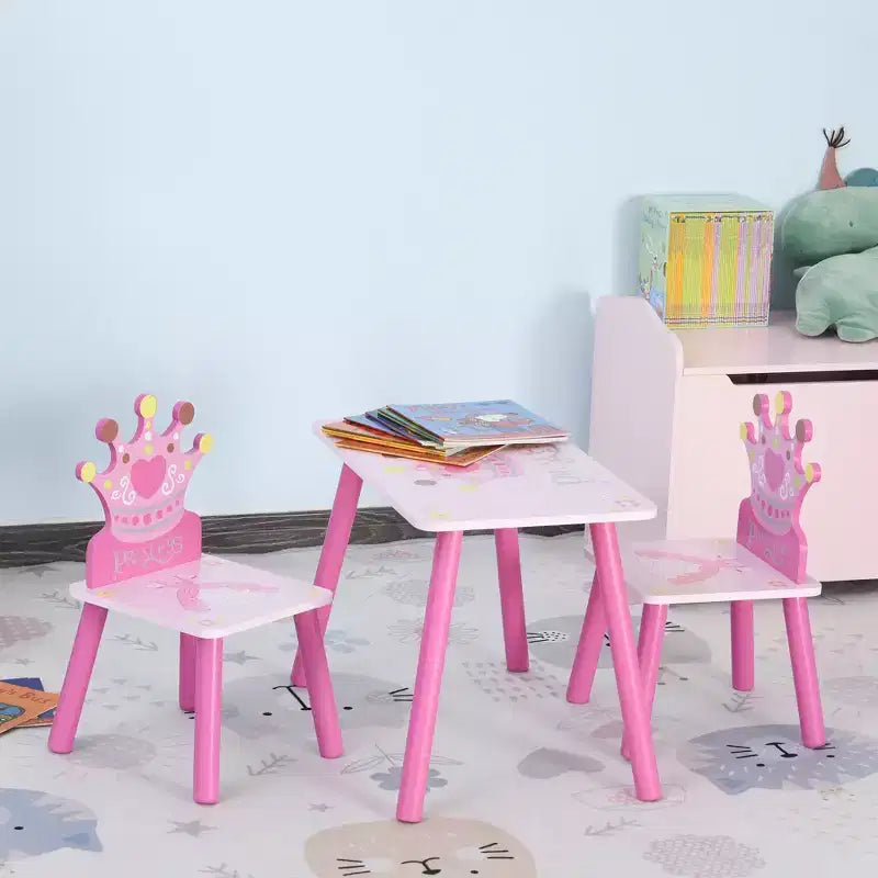 JVNOXK3-Piece Kids Wooden Table and Chair Set with Crown Pattern Gift for Girls Toddlers Arts Reading Writing Age 2-4 Years Pink