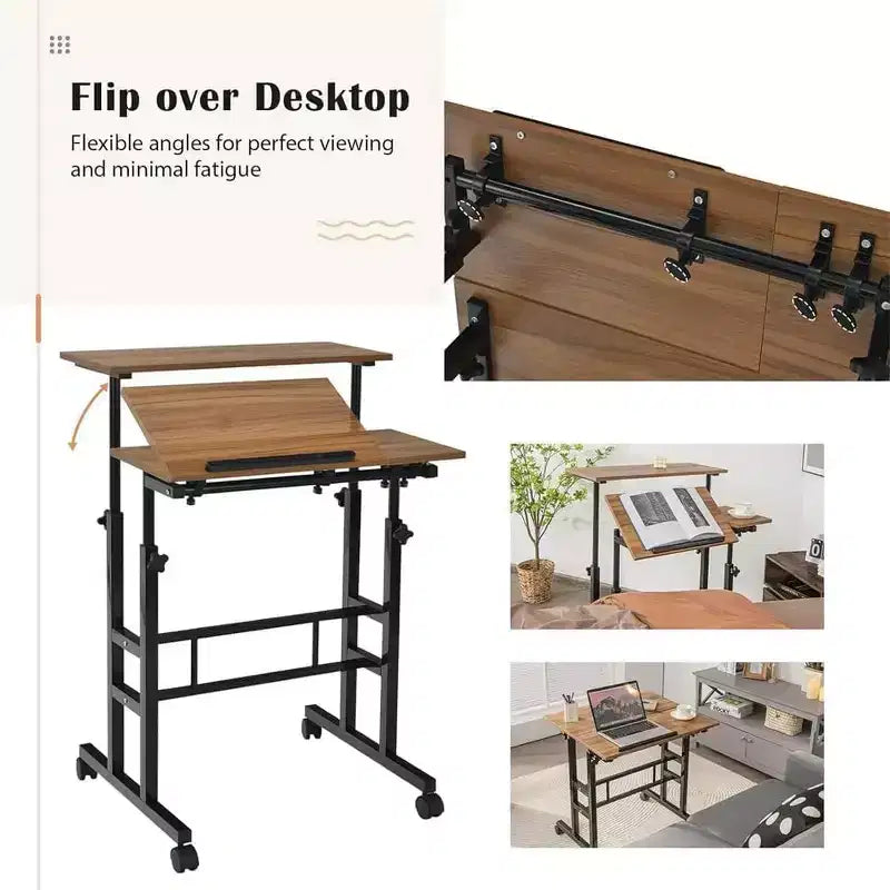 Portable Standing Desk Adjustable Height 26.4-61,Mobile Computer Desk with Wheels,Tiltable Top&CPU Stand,Rolling Laptop Table Cart for Home Office