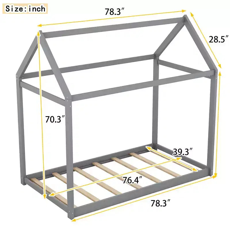 House Bed Frame With Roof, Twin Size Wooden House Bed Floor Beds, Fun Playhouse Bed Frames, For Kids Girls & Boys
