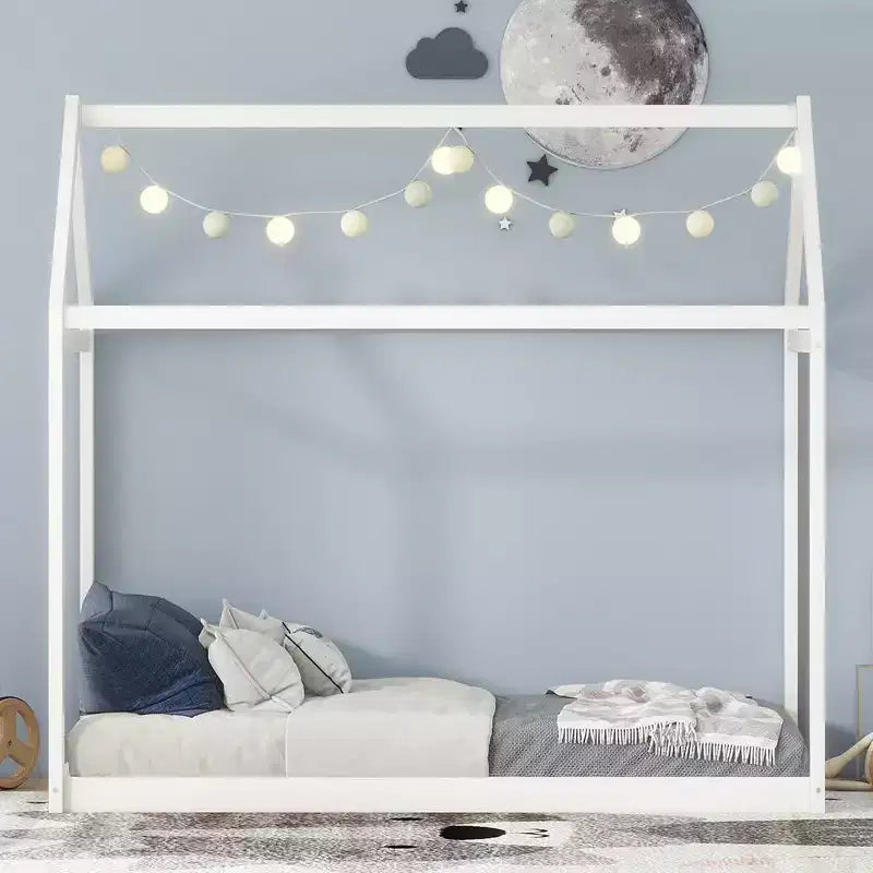 House Bed Frame With Roof, Twin Size Wooden House Bed Floor Beds, Fun Playhouse Bed Frames, For Kids Girls & Boys