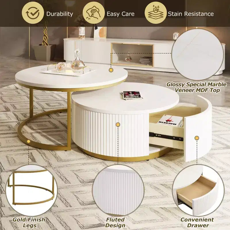 TUYOHW Modern Nesting Coffee Table,31.5/27.6 Fluted Table with Drawer,Living Room Accent Table,Sturdy MDF Top & Metal Base,80lbs Capacity