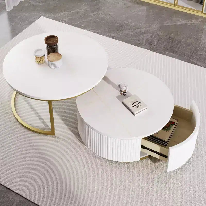TUYOHW Modern Nesting Coffee Table,31.5/27.6 Fluted Table with Drawer,Living Room Accent Table,Sturdy MDF Top & Metal Base,80lbs Capacity